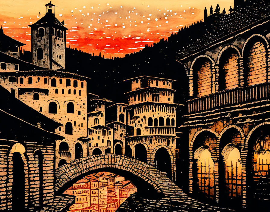 Illustration of Old European Town at Dusk with Arched Windows, Stone Bridge, and Tower in