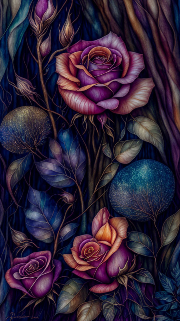 Purple Roses and Orbs in Dark Floral Artwork