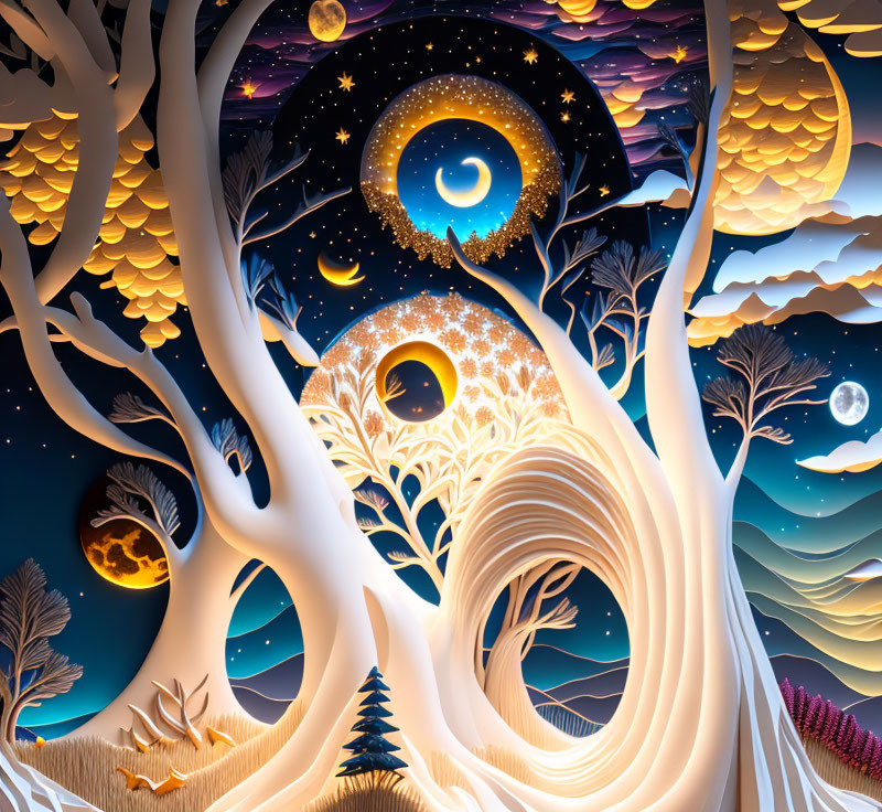 Illustration of whimsical forest with eyes, swirling trunk, and day-night blend