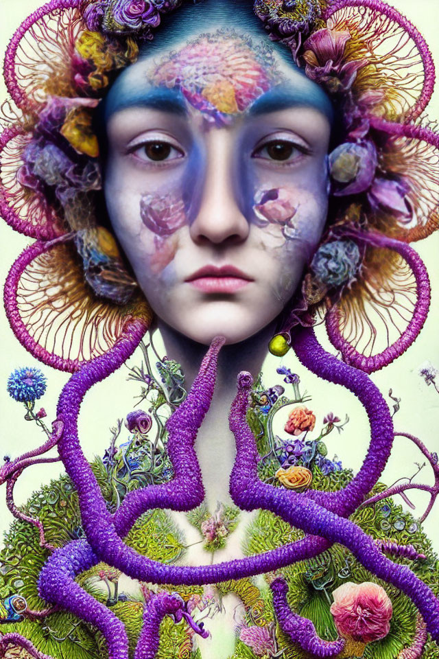 Vibrant surreal portrait with floral and organic elements