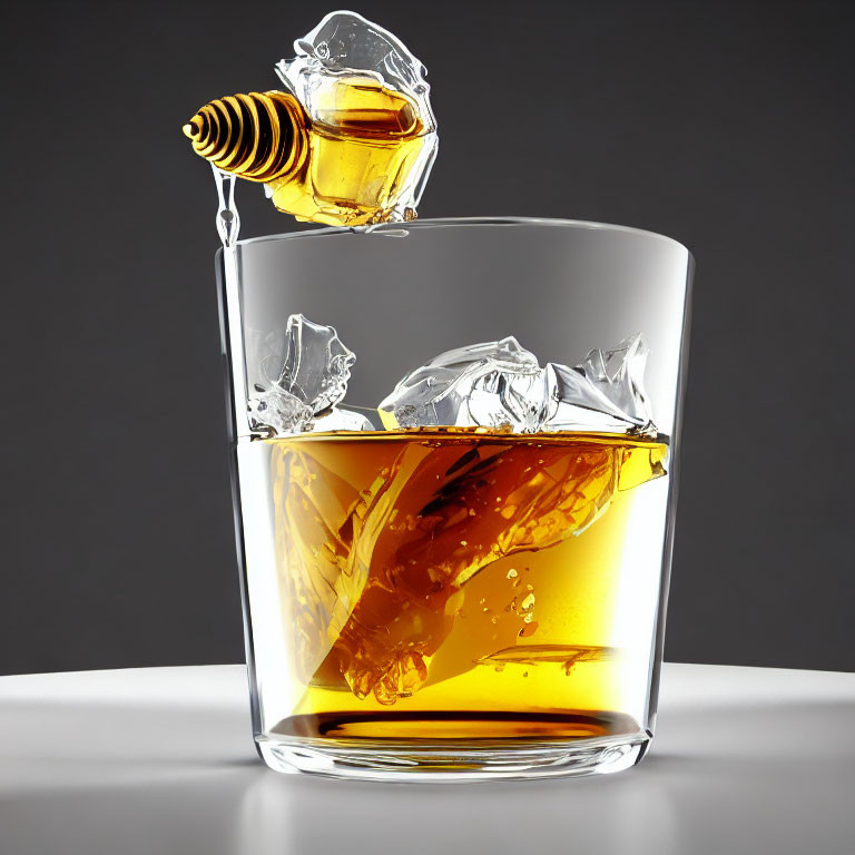 Whiskey Pouring into Glass with Ice, Splash, Honey Dipper on Grey Background