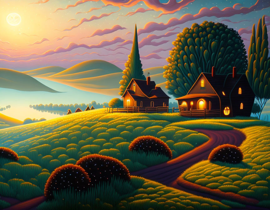 Twilight rural landscape with cozy houses and rolling hills