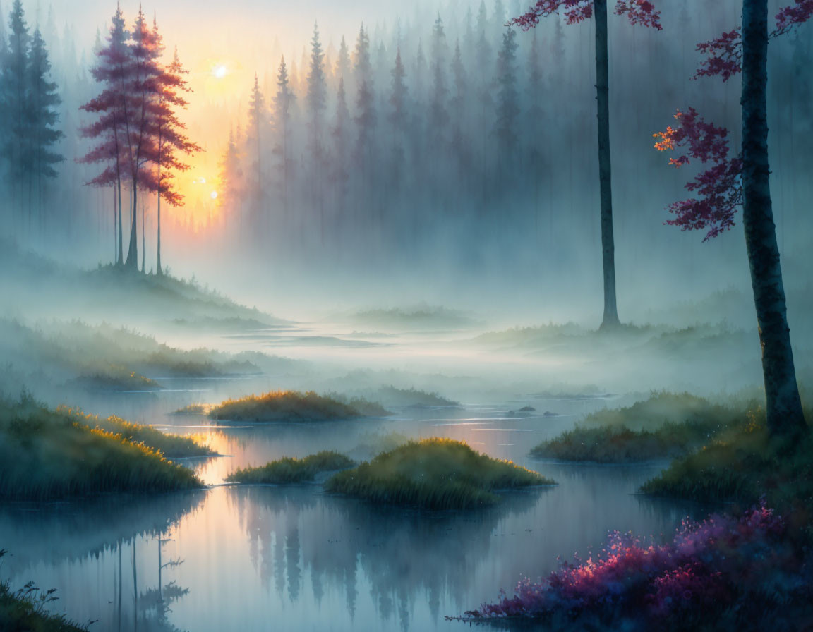 Misty Forest Sunrise with River and Lush Foliage