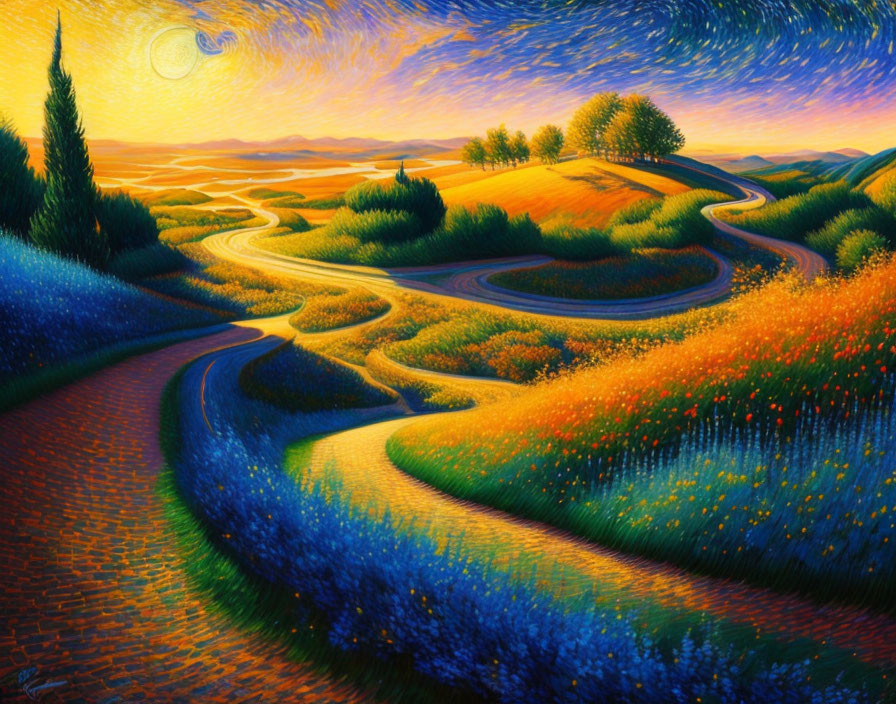 Moonlit landscape painting with winding path and flowers