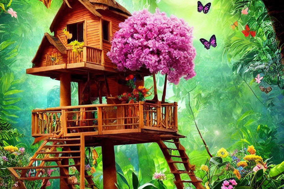 Colorful illustration of wooden treehouse in lush jungle with pink flowering tree and butterflies