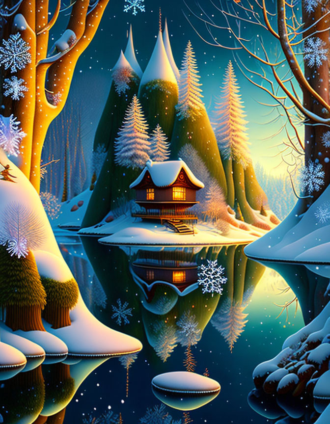 Snow-covered pine trees and cozy house in tranquil winter scene