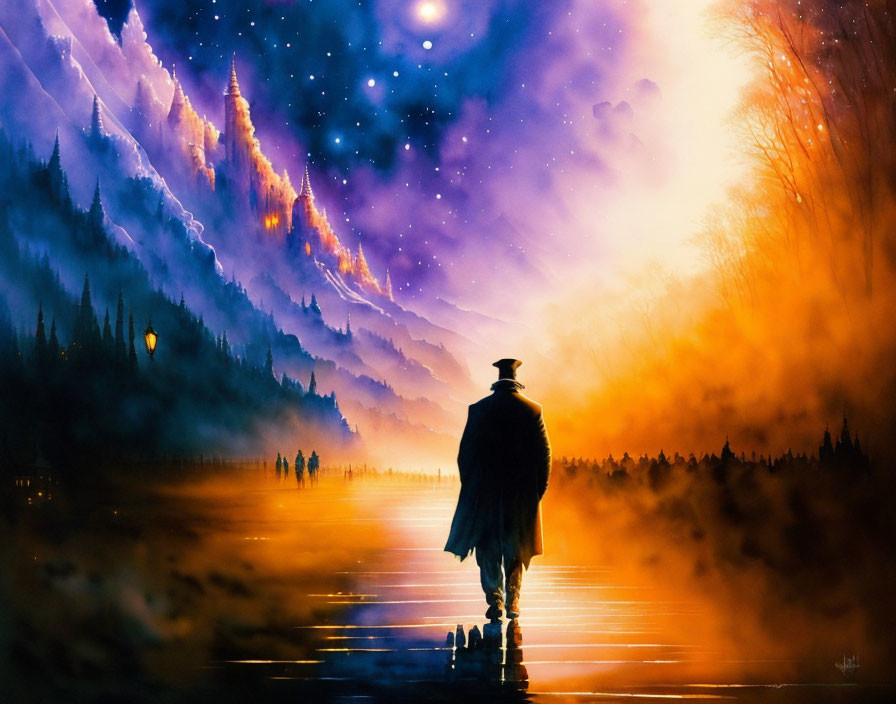 Figure Walking Towards Radiant Night Sky and Glowing Mountain Peaks