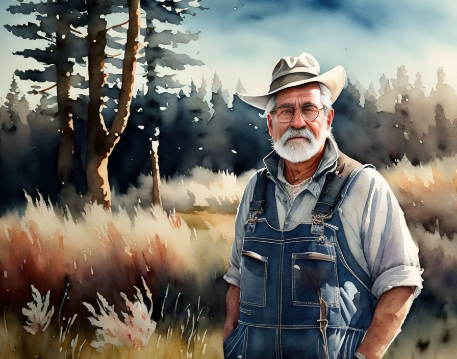 Elderly man in overalls and hat in watercolor field portrait