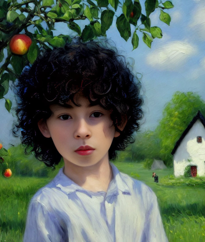 Child with Curly Hair in Front of Apple Tree and Houses