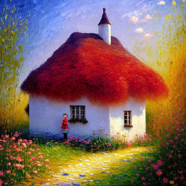 Quaint cottage with red thatched roof and vibrant flowers under blue sky