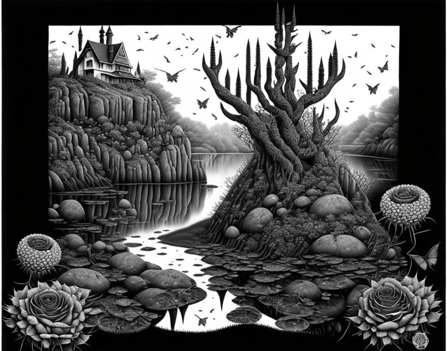 Monochromatic surreal landscape with cliff-side house and spiky tree