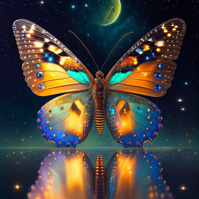 Colorful butterfly with starry wings over night sky and crescent moon reflection.