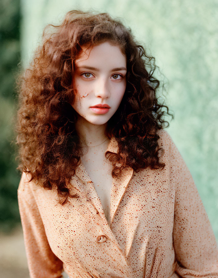 Curly-Haired Woman in Polka-Dot Blouse on Green Background