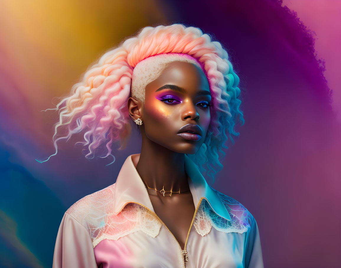 Colorful Hairstyle and Striking Makeup on Woman Against Vibrant Background