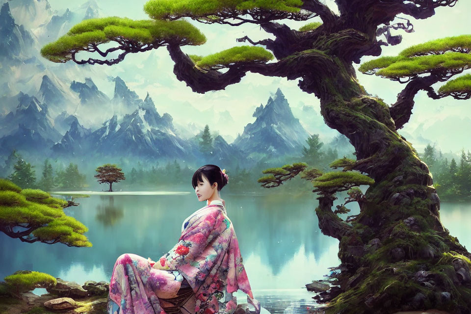 Woman in floral kimono by serene lake with misty mountains and ancient tree