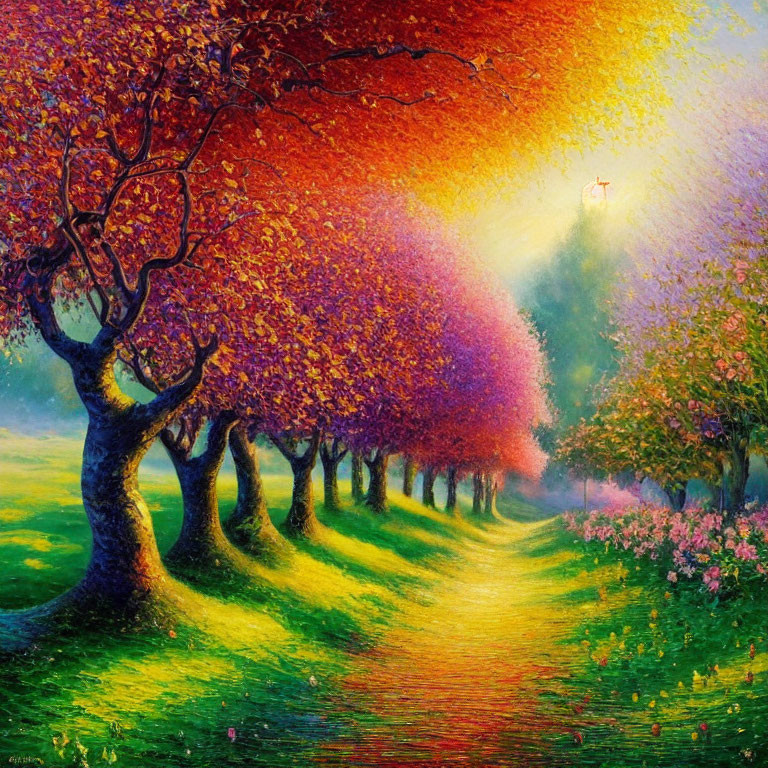 Colorful painting of purple and orange trees in a sunny meadow