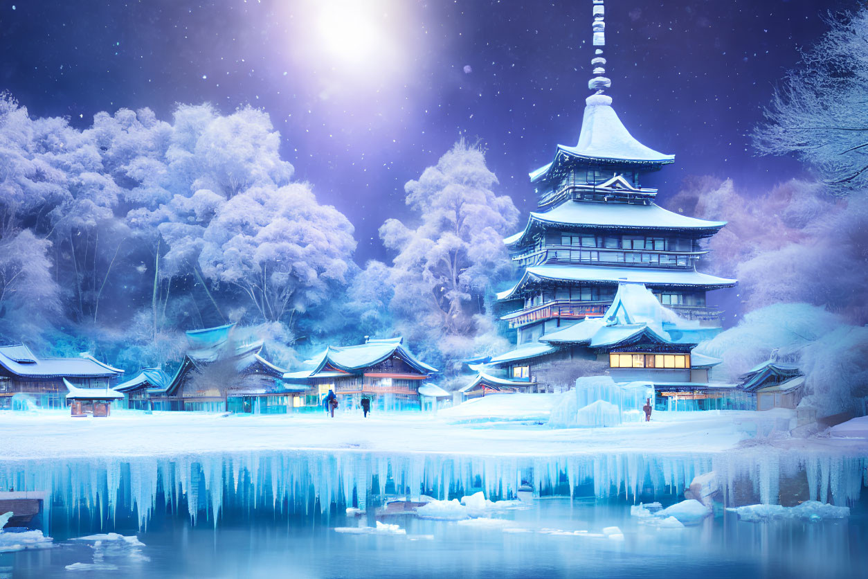 Traditional Japanese village with pagoda and icy river under starry night sky