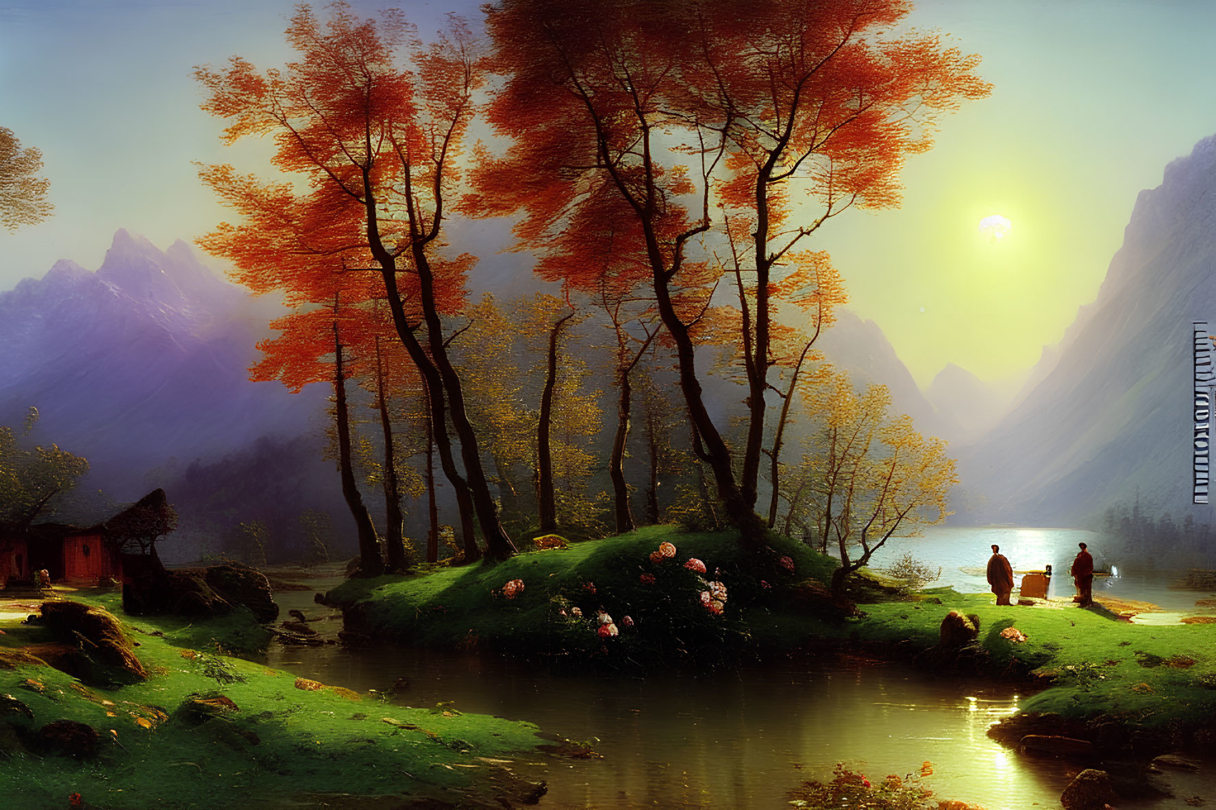 Tranquil autumn landscape with pond, house, mountains, and figures at sunset