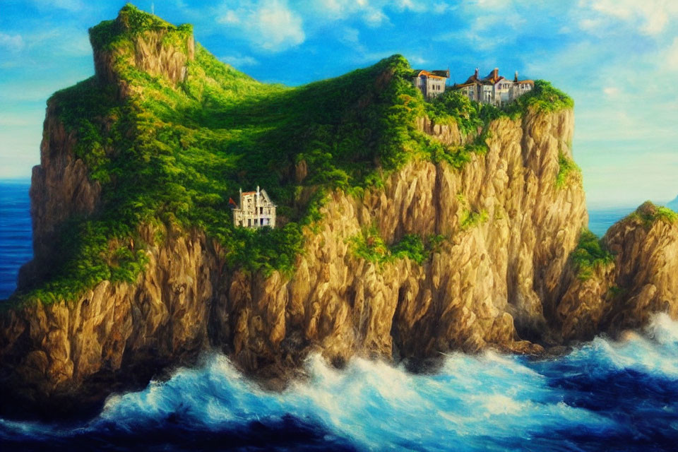 Scenic island with steep cliffs, white houses, and blue waves.