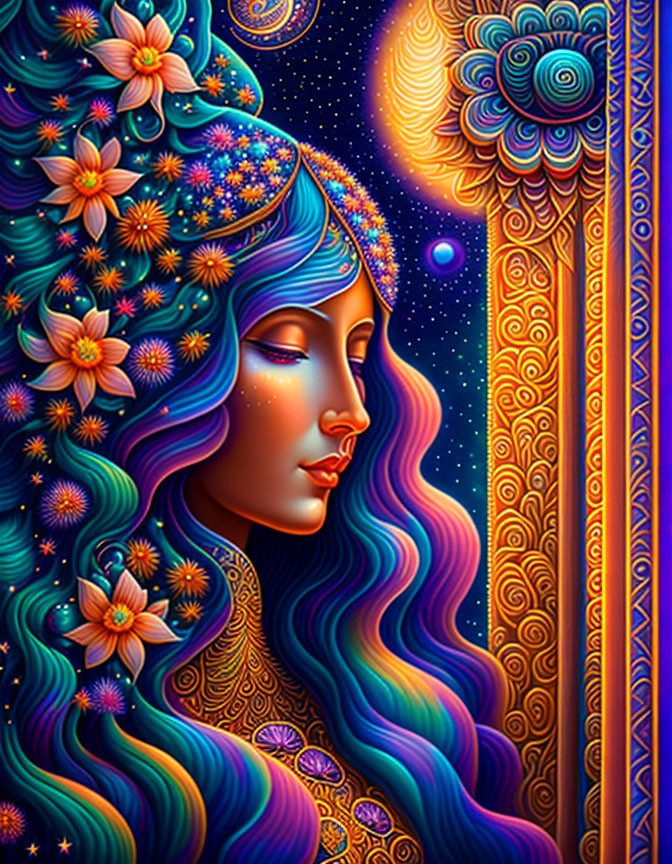 Colorful Artwork: Woman with Blue Hair and Floral Decor on Psychedelic Background