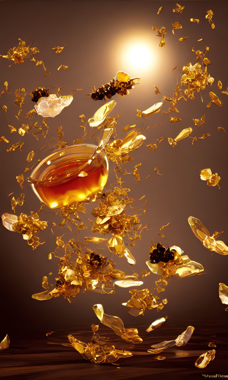 Glass teacup with spilled amber tea, golden leaves, and flowers on warm background