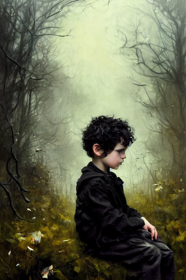 Dark Curly-Haired Child in Glasses Sitting in Misty Woods