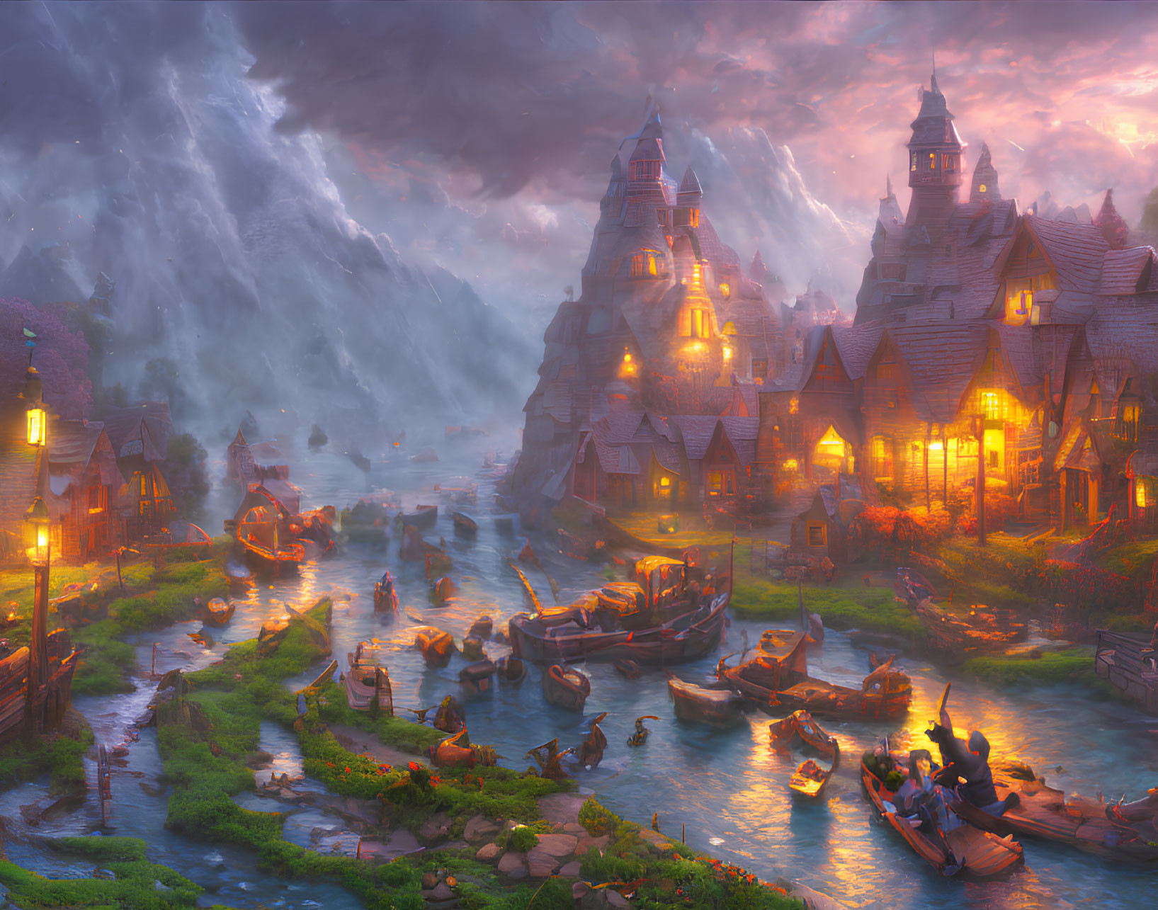 Fantasy village with illuminated homes, river, boats, mountains, stormy sky