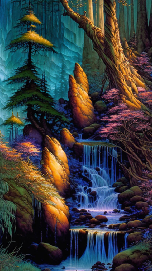 Vibrant mystical forest with cascading waterfalls and tall trees