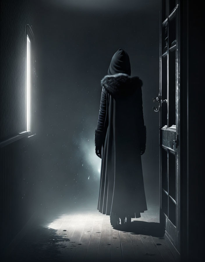 Cloaked figure by open door to starry void in dimly lit hallway