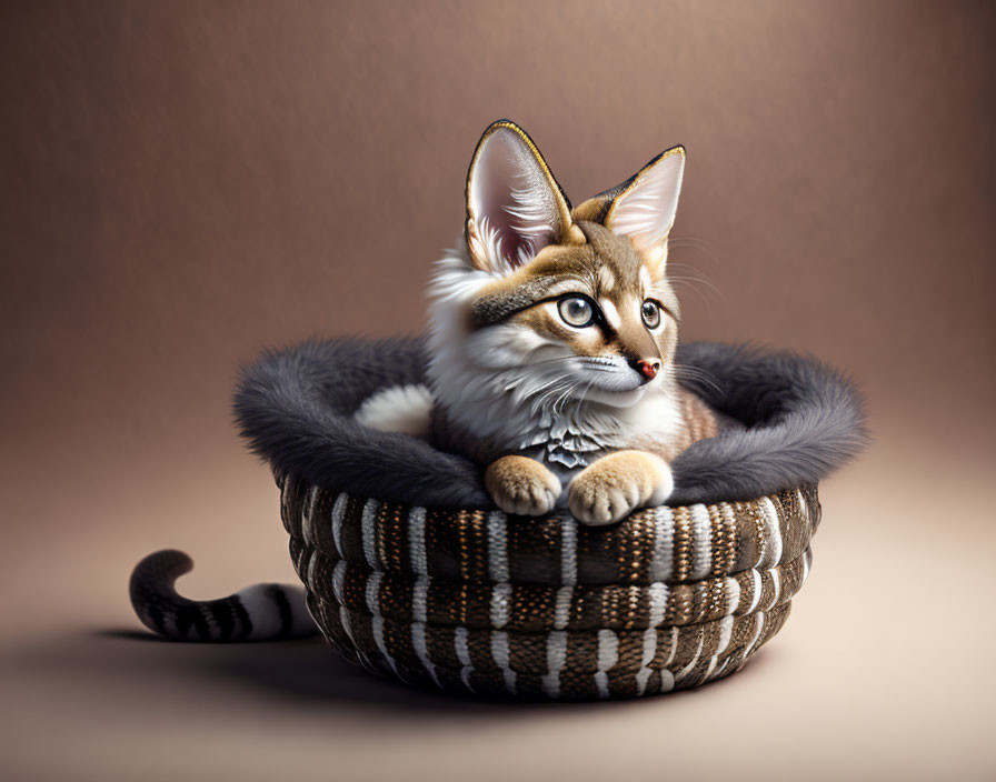 Adorable kitten illustration in cozy basket with large ears.