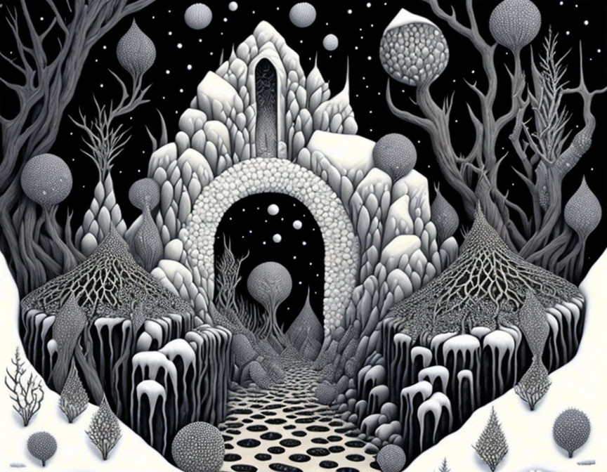 Monochrome fantasy landscape with archway gate and spherical trees