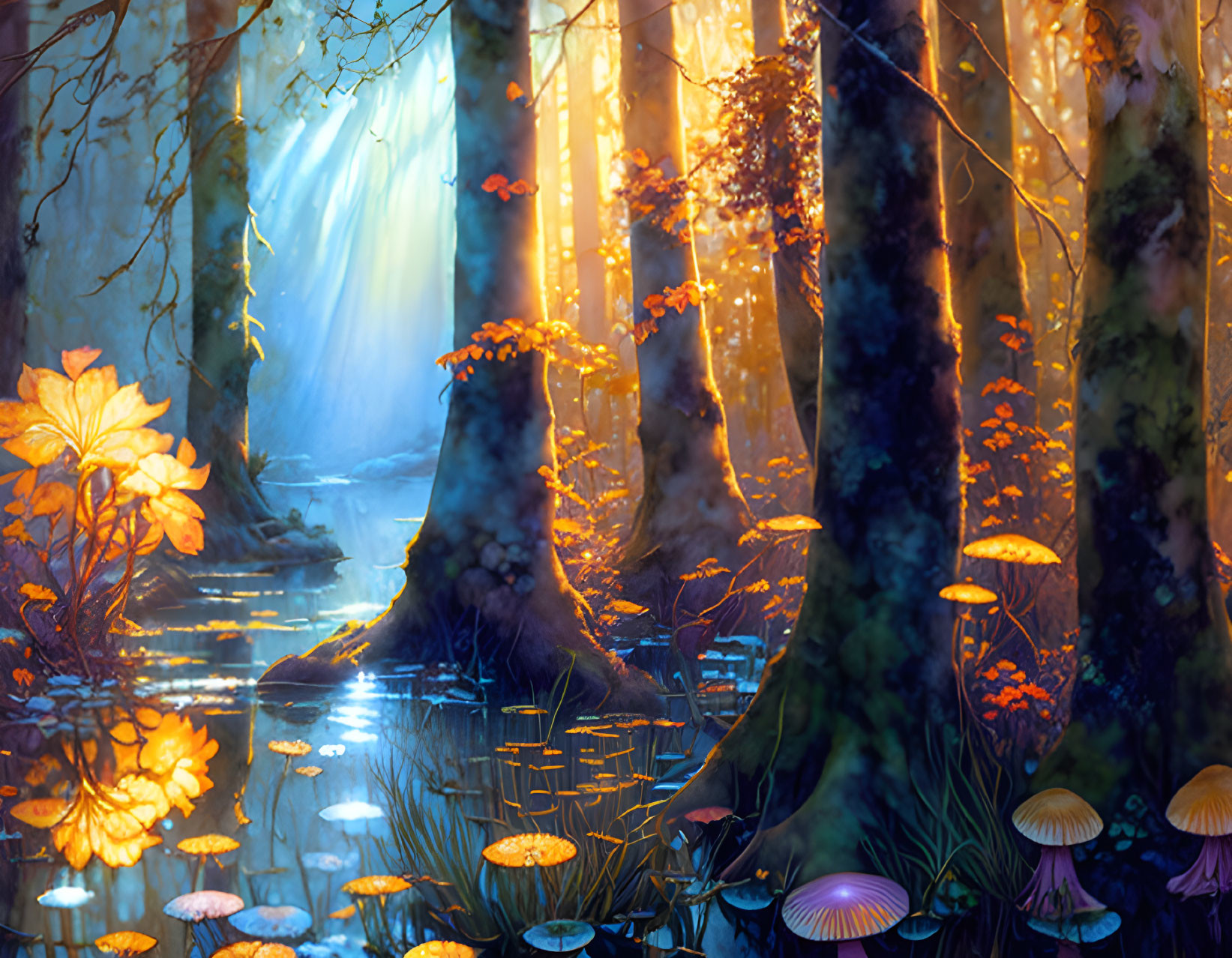 Mystical forest scene with glowing mushrooms and pond