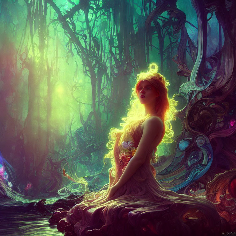 Ethereal woman in mystical forest with glowing hair and intricate roots