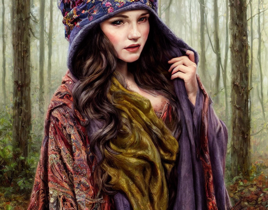 Woman with Long Wavy Hair in Vibrant Headscarf and Colorful Garments in Misty