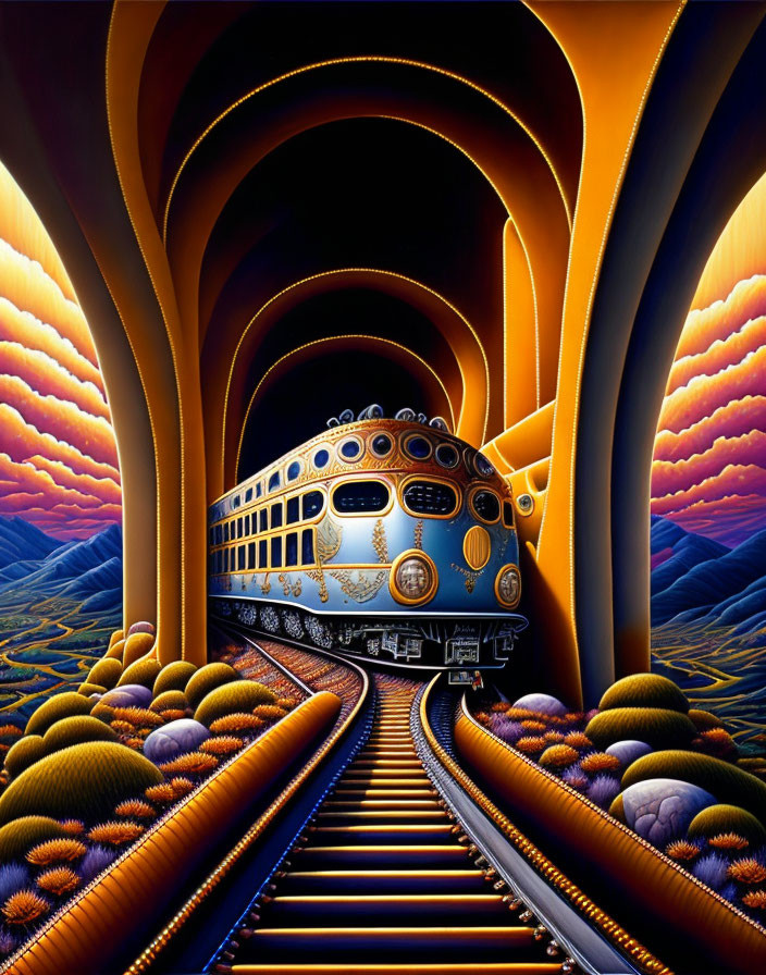 Surrealistic painting of vintage locomotive in vibrant landscape