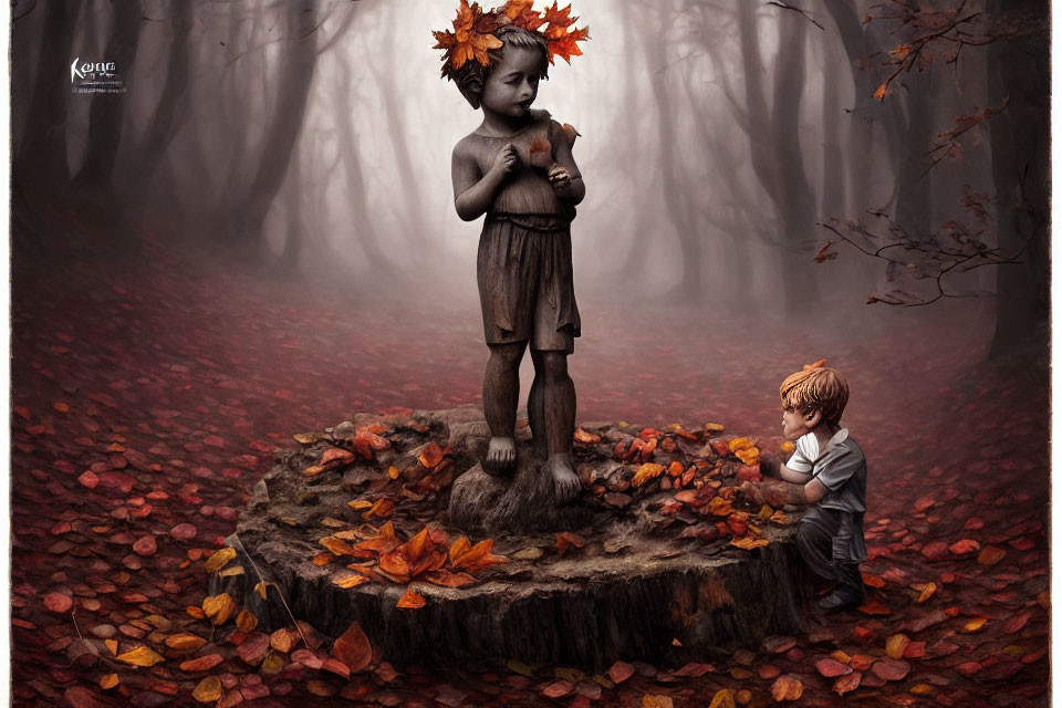 Surreal forest scene: boy, girl statue, fox