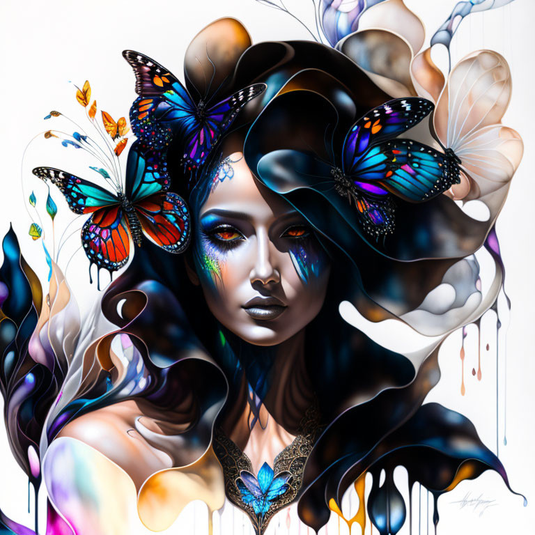 Colorful digital artwork of woman with blue skin and butterflies