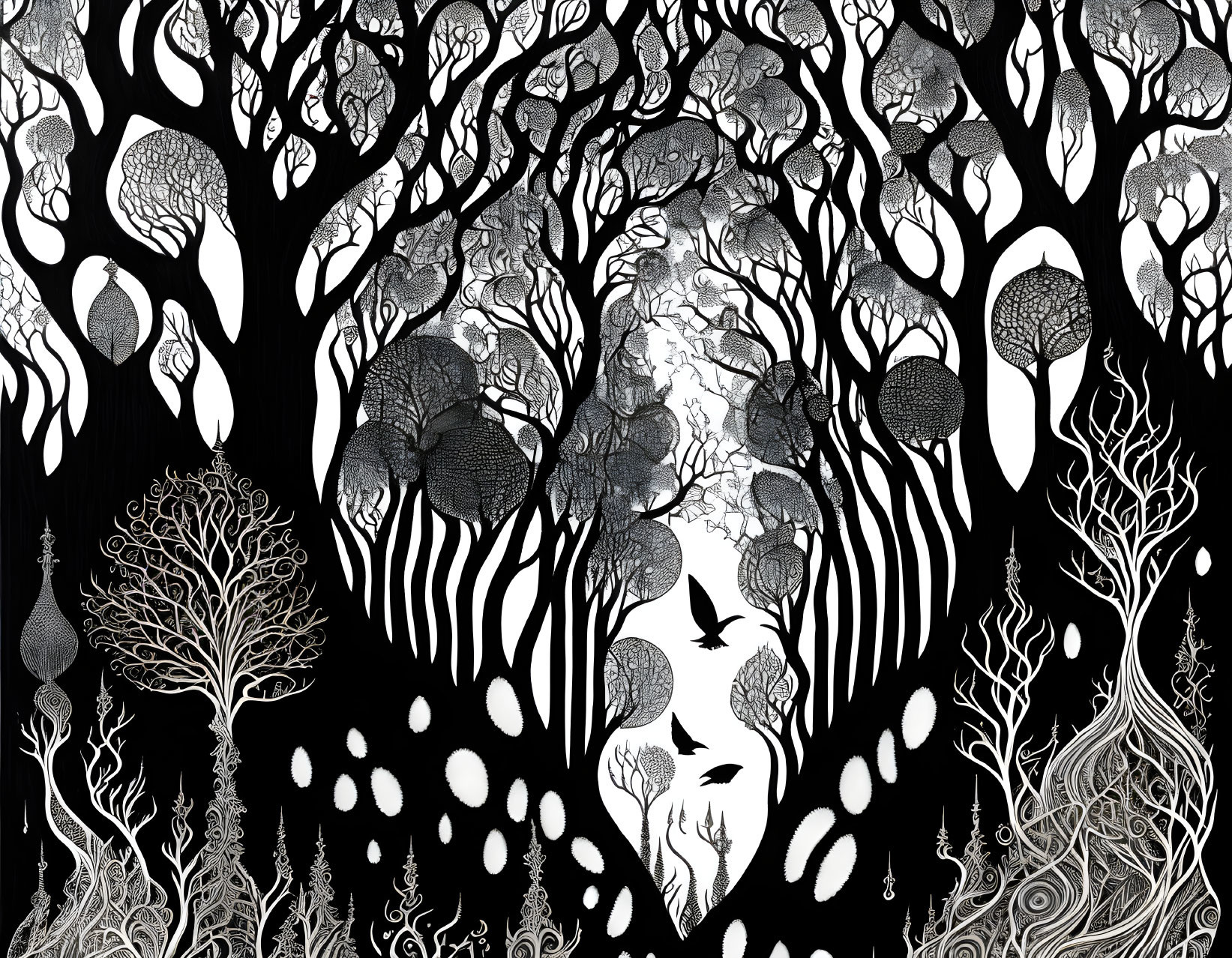 Detailed Monochrome Whimsical Forest Illustration