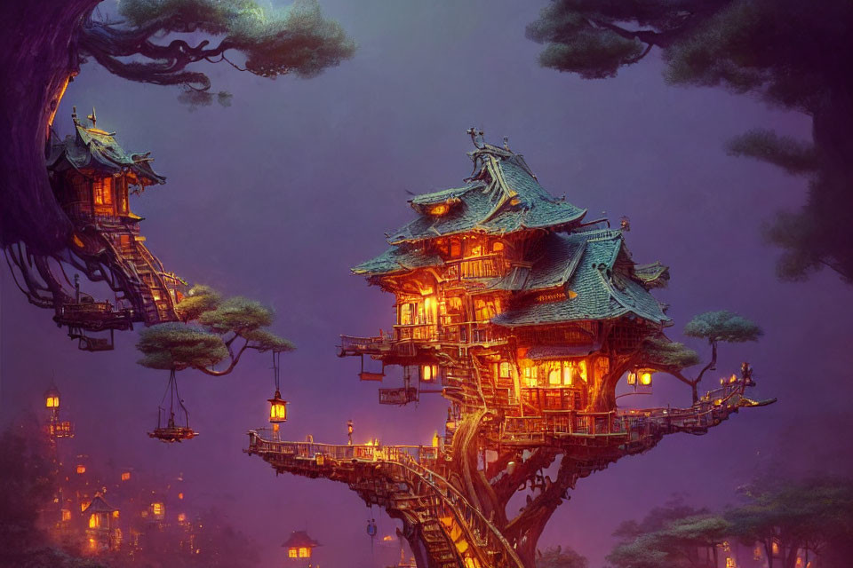 Mythical Asian treehouse illustration at twilight