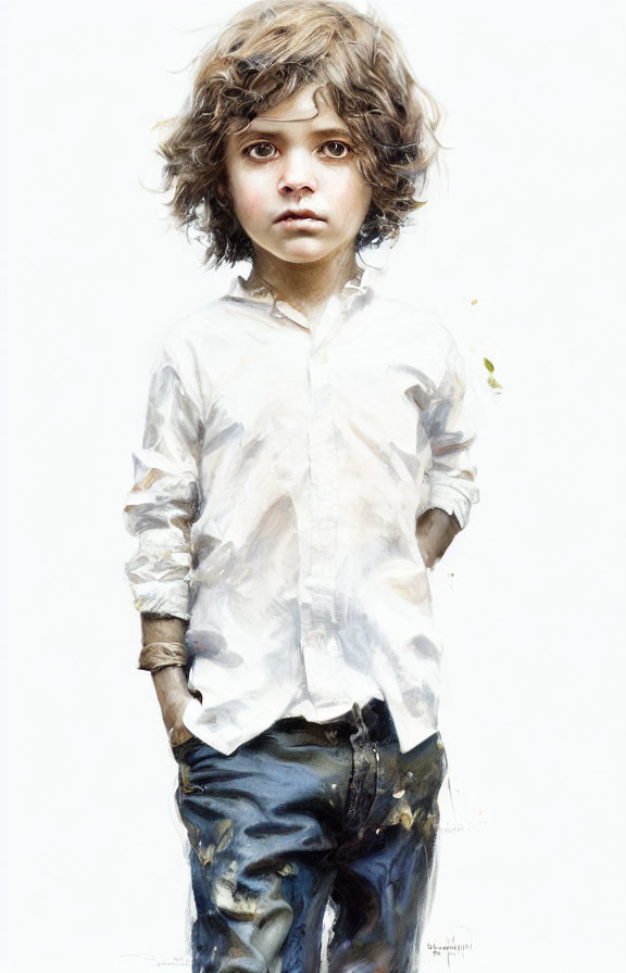 Realistic painting of young child with curly hair in white shirt and jeans