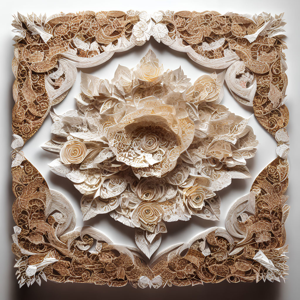 Detailed Paper Art Featuring Central Blooming Flower and Intricate Leaves