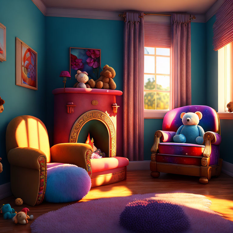 Warm Children's Room with Fireplace, Armchairs, Teddy Bears