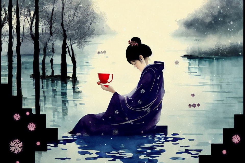 Illustrated woman in traditional attire by serene lake with red cup in misty landscape.