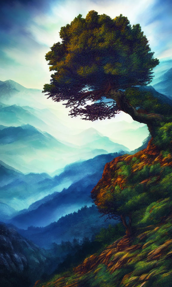 Surreal landscape with large tree on overhanging rock above misty hills