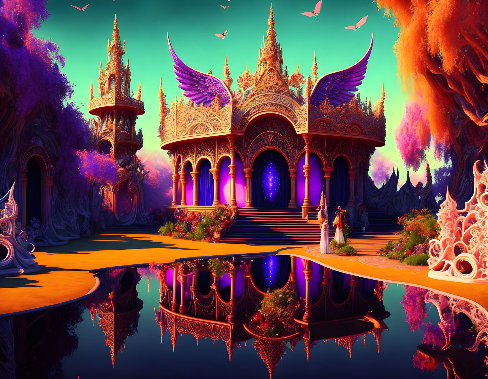 Fantasy landscape with purple and orange hues, ornate buildings, reflective water, and flying creatures