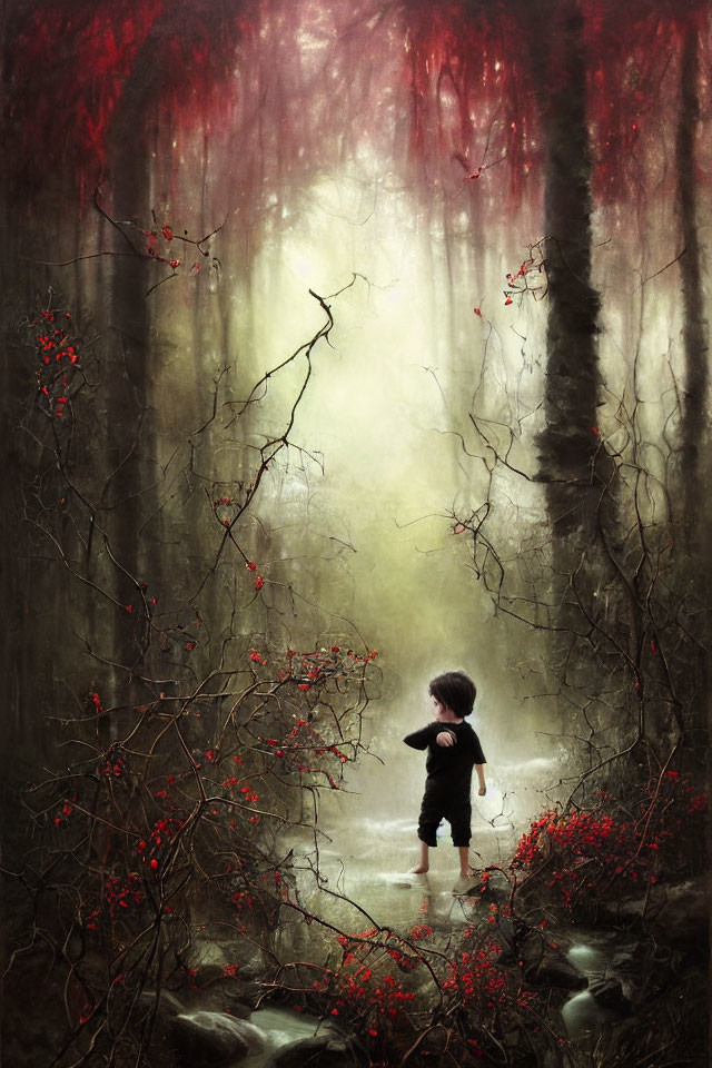 Child in mystical forest with red-flowered trees and stream.