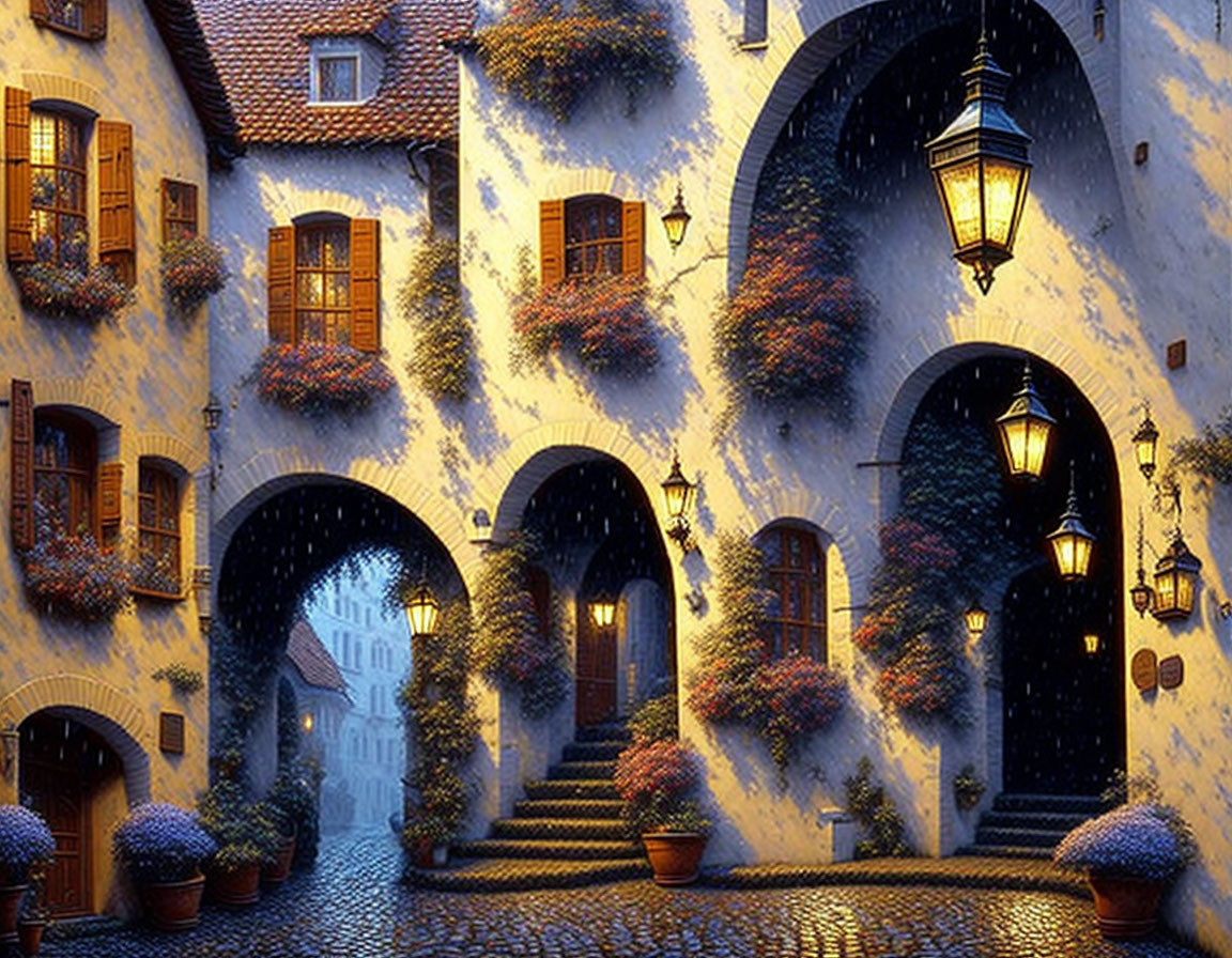 Cobblestone street at dusk with glowing lanterns and ivy walls
