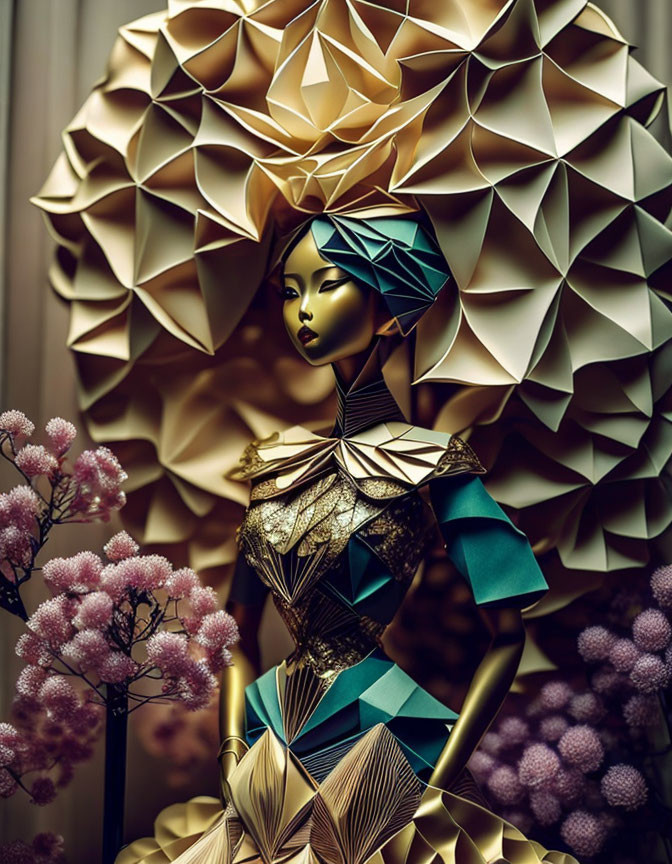 Geometric headpiece and dress in gold, teal, brown hues with pink flowers