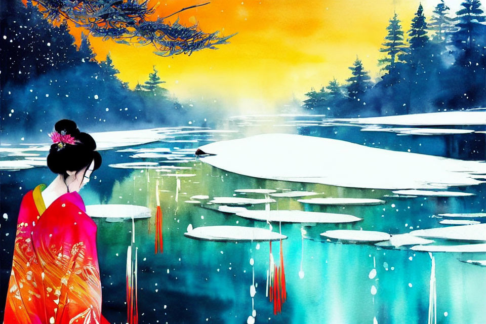 Person in vibrant kimono gazes at snowy landscape with sunset, reflected water, pine trees