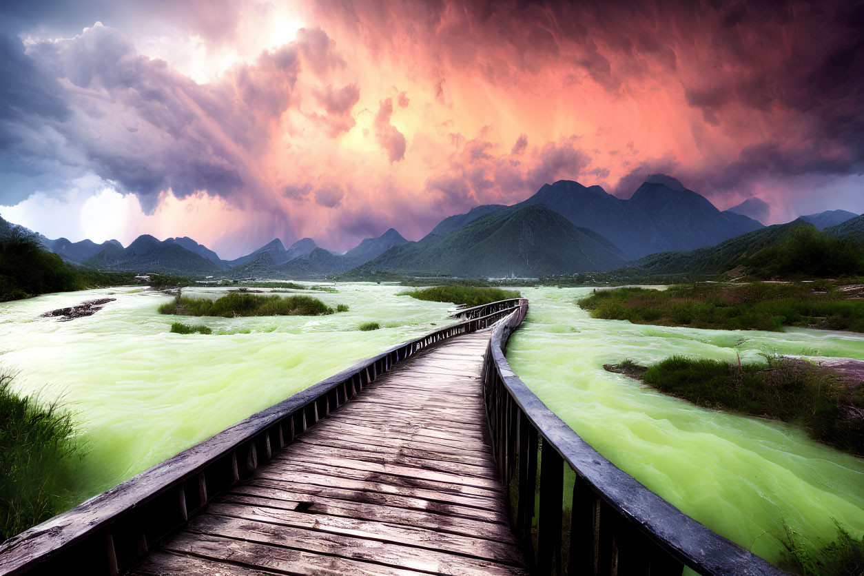 Scenic wooden boardwalk in vibrant wetlands under dramatic purple clouds